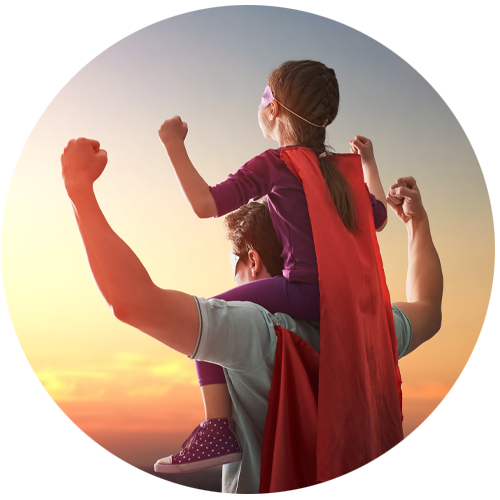 Image of child on father's shoulders, they are both dressed as super heroes.